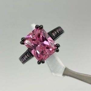 Beautiful Bright Pink Diamond CZ Radiant Cut Black Gold Plated Rings
